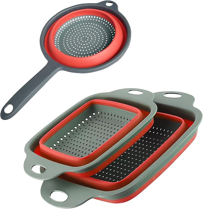 Square Collapsible Colander Set,Save Storage Space Collapsible Colander Strainer with Handle,for Kitchen and Travel Use (Red)