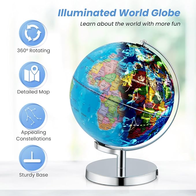 S AFSTAR Illuminated World Globe, 3-in-1 Light Up Constellation Globe with World Map, 88 Constellations & Night Light, Rotating Earth for Home Office