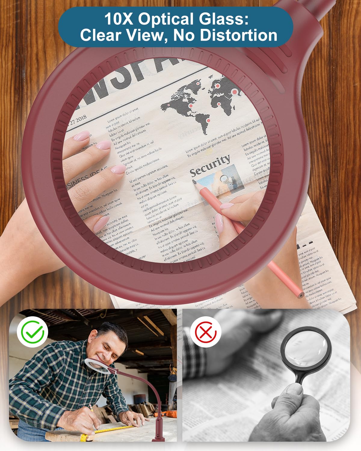RackydigPro 10X Magnifying Glass with Light, LED 5 Color Modes, Stepless Dimming, Aluminum, Red, Model RJT031FE01R