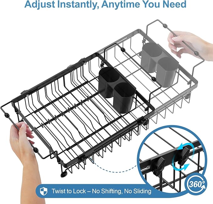 iSPECLE Expandable Dish Drying Rack for Large Sink - Adjustable Capacity Over The Sink Dish Drainer Drying Rack, 15.8"-20.7" L x 12.8" W, Black