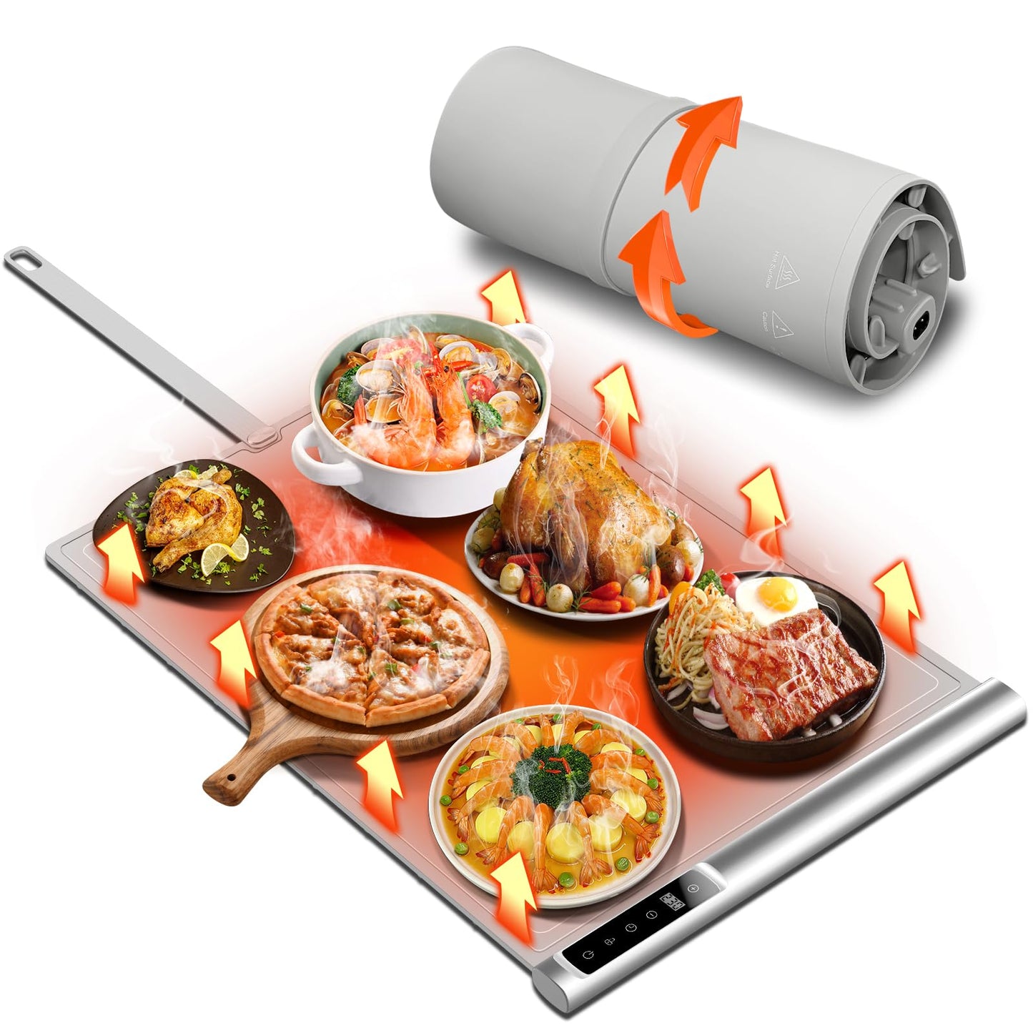 Food Warming Mat | Max Temp 248℉,Electric Warming Tray with Timer and 8-Level Adjustable,Fast Full-Surface Heating Mat for Food with Child Lock,Roll-Up & Portable Silicone Food Warmer for Buffet Party