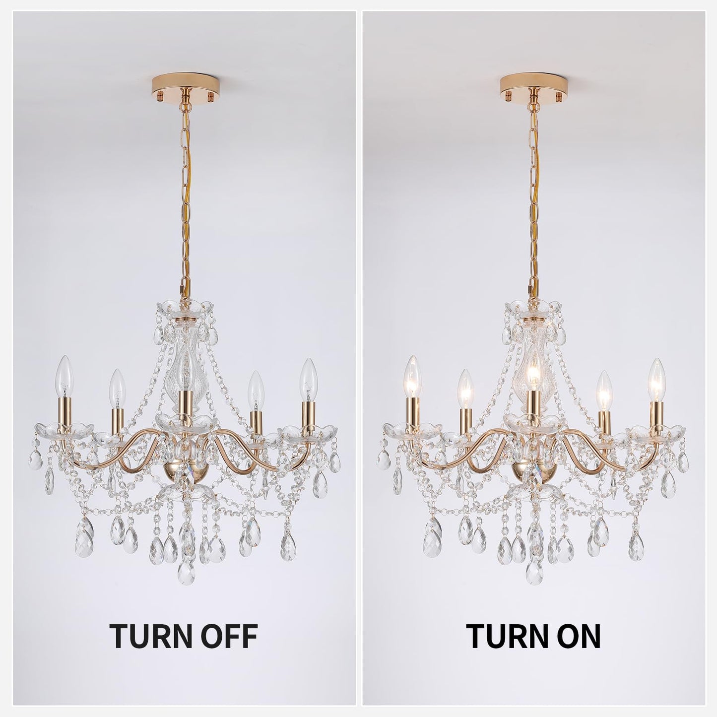 Amzasa Crystal Gold Chandelier  Glass Crystal Hanging Pendant Lighting  5 Light French Country Gold Crystals Chandelier For Ceiling Medallions Wedding Dining Kitchen  Foyer Dia 20   Golden