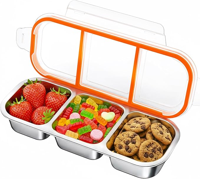 QCQHDU Bento Lunch Box Stainless Steel Snack Containers, Reusable Stainless Steel 3-Compartment Condiment Metal Bento Lunch Box with Lids, Divided Snack Food Storage Lunchable Containers, 1 Pack