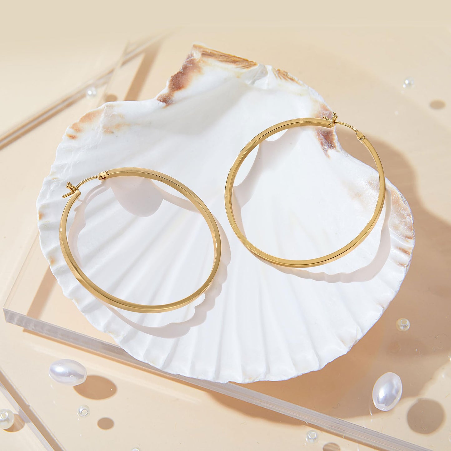 Gacimy Gold Hoop Earrings for Women, 14K Gold Plated Flatted Hoops with 925 Sterling Silver Post, 50mm Big Earrings for Women