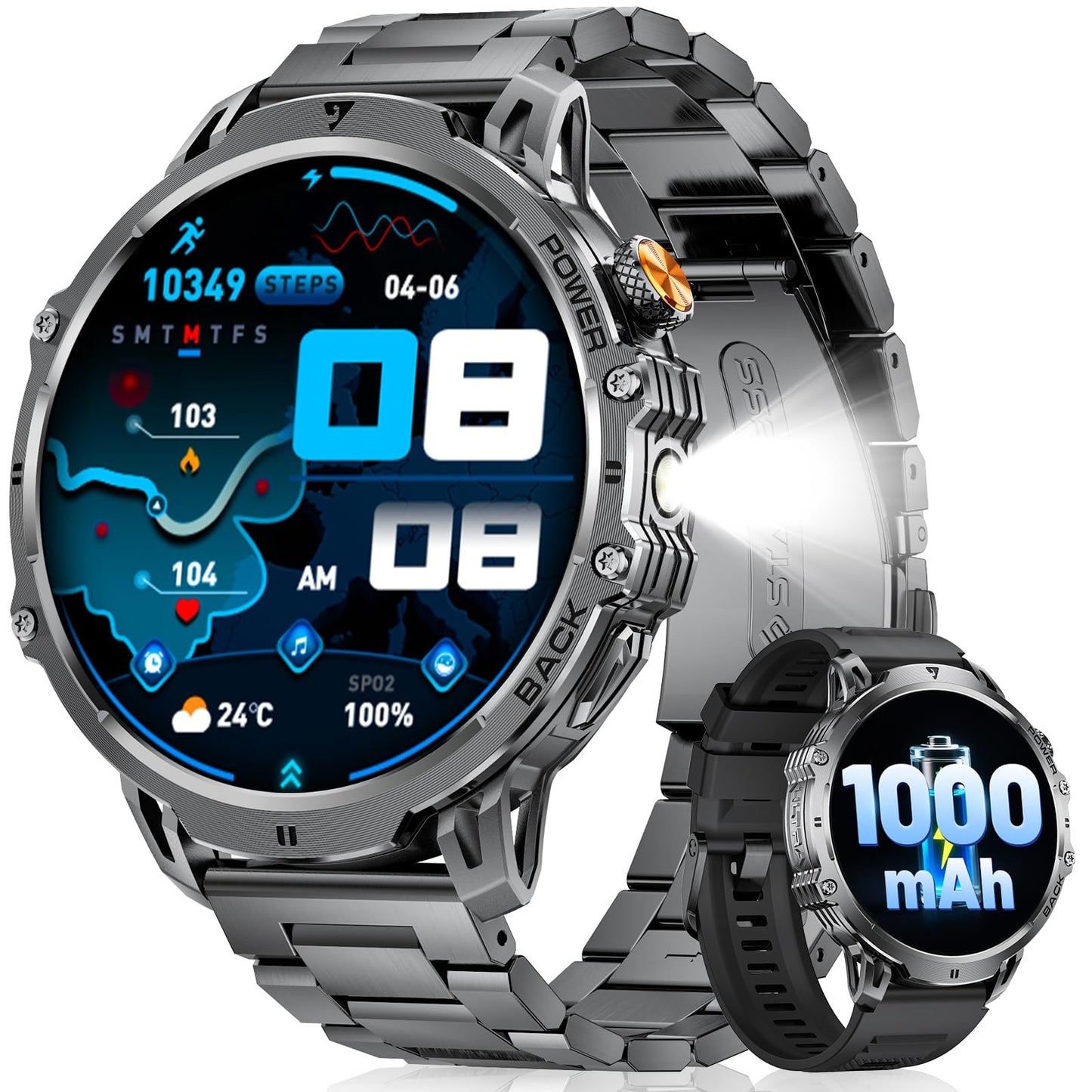 Smart Watches for Men with Bluetooth Calling,1.85" HD Display Rugged Military Fitness Tracker with Heart Rate Monitor Built-in LED Flashlight 110+ Sports Modes IP68 Waterproof for Android iOS Black