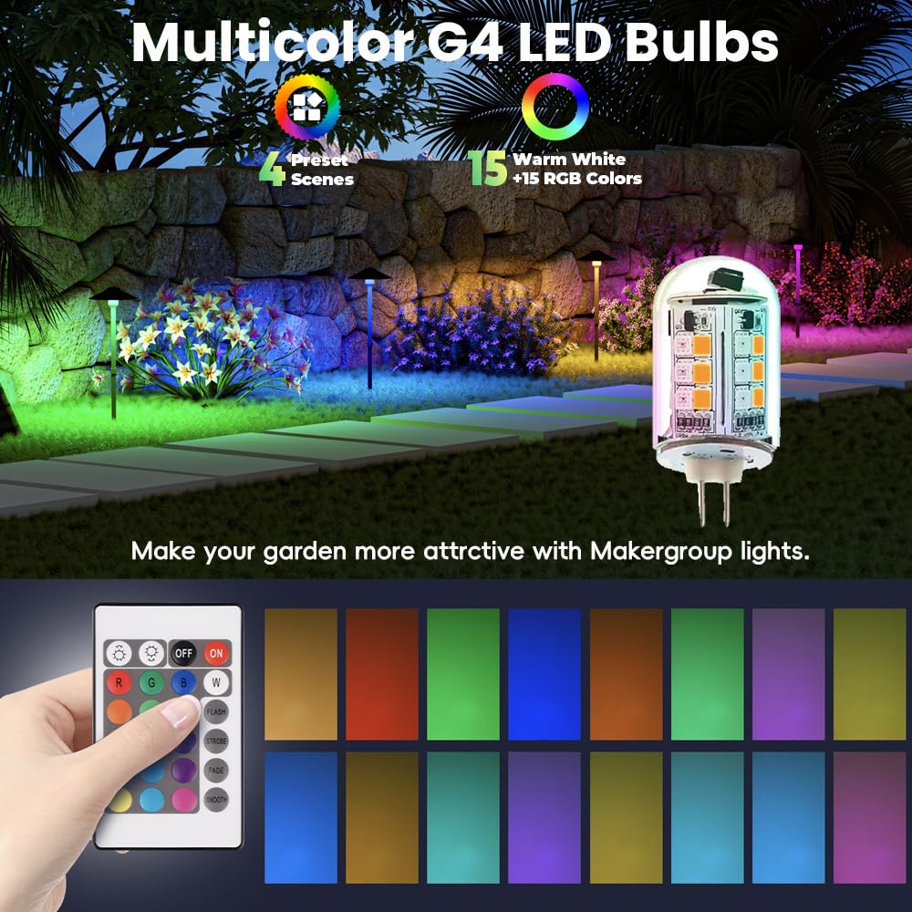 Makergroup RGB T3 G4 Bi-pin LED Bulbs, 12V Color Changing, Warm White + 15 Multicolors, Dimmable, Weatherproof, 3 Pack, G