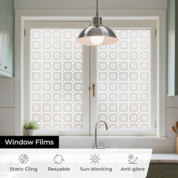 Window Privacy Film, Frosted Glass Decorative Static Cling, Removable Sun Blocking Vinyl Covering,Window Film for Home Kitchen Living Room Bathroom, ‌Floral Grid‌, 17.3" x 78.7"