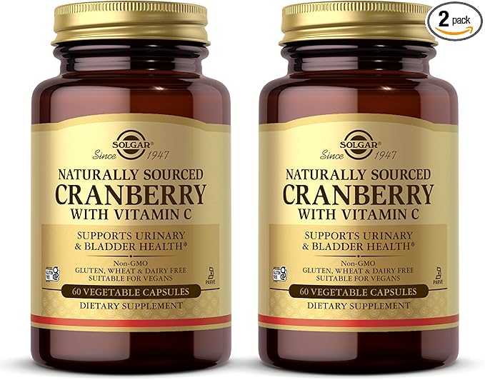 SOLGAR Cranberry with Vitamin C - 60 Vegetable Capsules, Pack of 2 - Supports Urinary & Bladder Health - Non-GMO, Vegan, Kosher, Gluten Free - 120 Total Servings