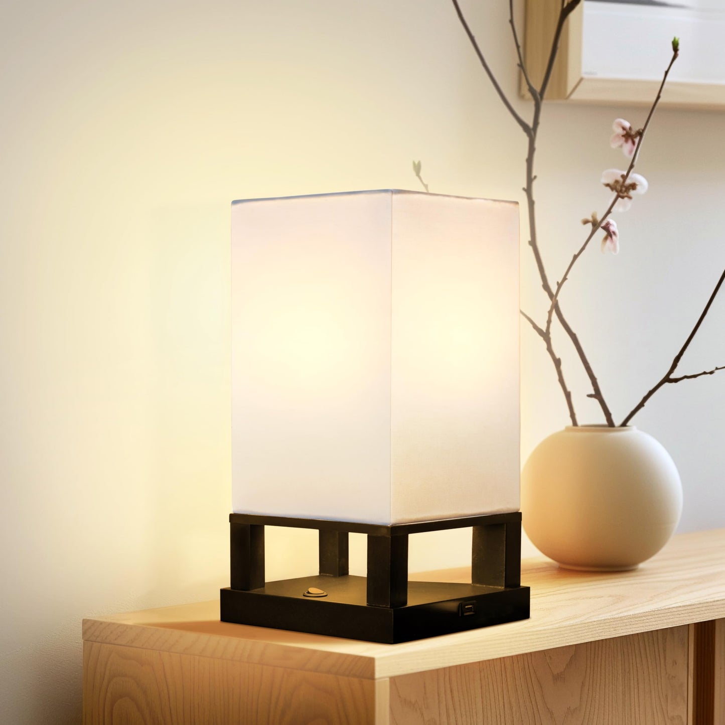 Brightech Maxwell Bedside Lamp - Compact Table Lamp with USB Port, Wood Frame, LED Bulb, Classic Black, Model MXWLL-TL-LED-BK