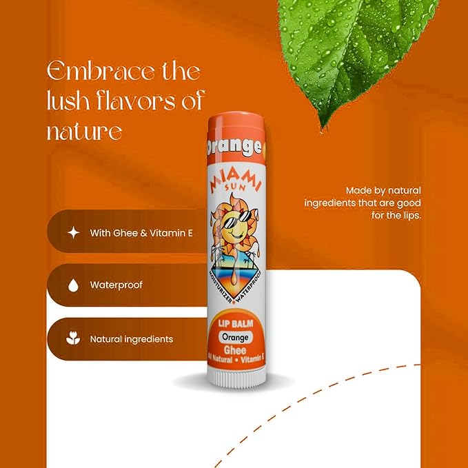 Miami Sun Natural Ghee Lip Balm, Hydrating Lip Treatment with Shea Butter & Beeswax, Organic & Non-Toxic, Best for Dry, Chapped Lips - Moisturizing, Healing, Chemical-Free Lip Care (Gift of 2, Orange)
