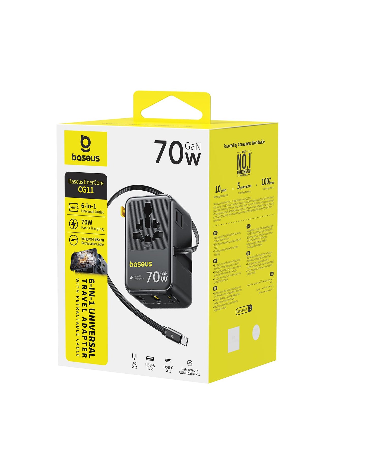 Baseus 70W Universal Travel Adapter with Retractable Cable, 6-in-1 International Plug Adapter, USB-C PD Fast Charging Worldwide Wall Charger for USA/EU/UK/AUS and Over 200 Countries - Enercore CG11