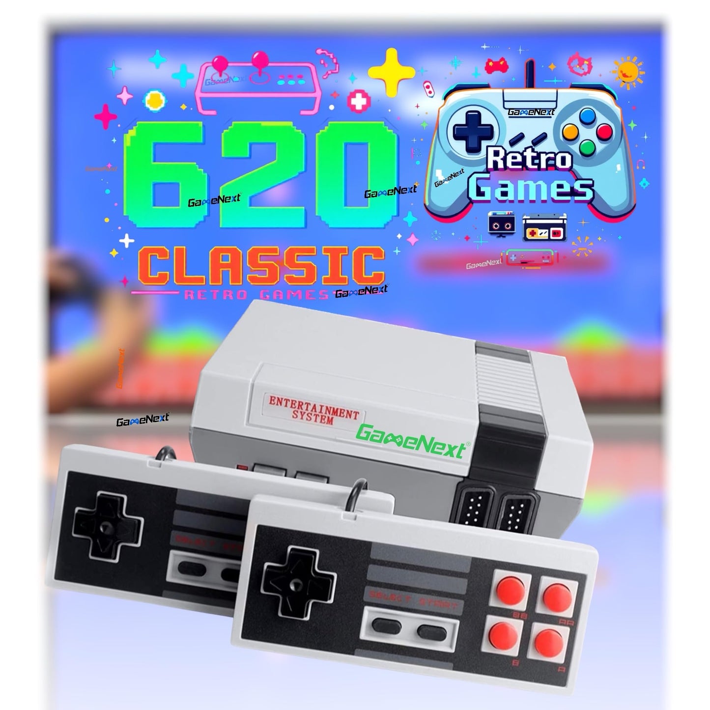 GameNext Retro Game Console,Classic Mini Handheld Video Game Console Built-in 620 Classic Edition Games, AV Output and Dual Game Controllers
