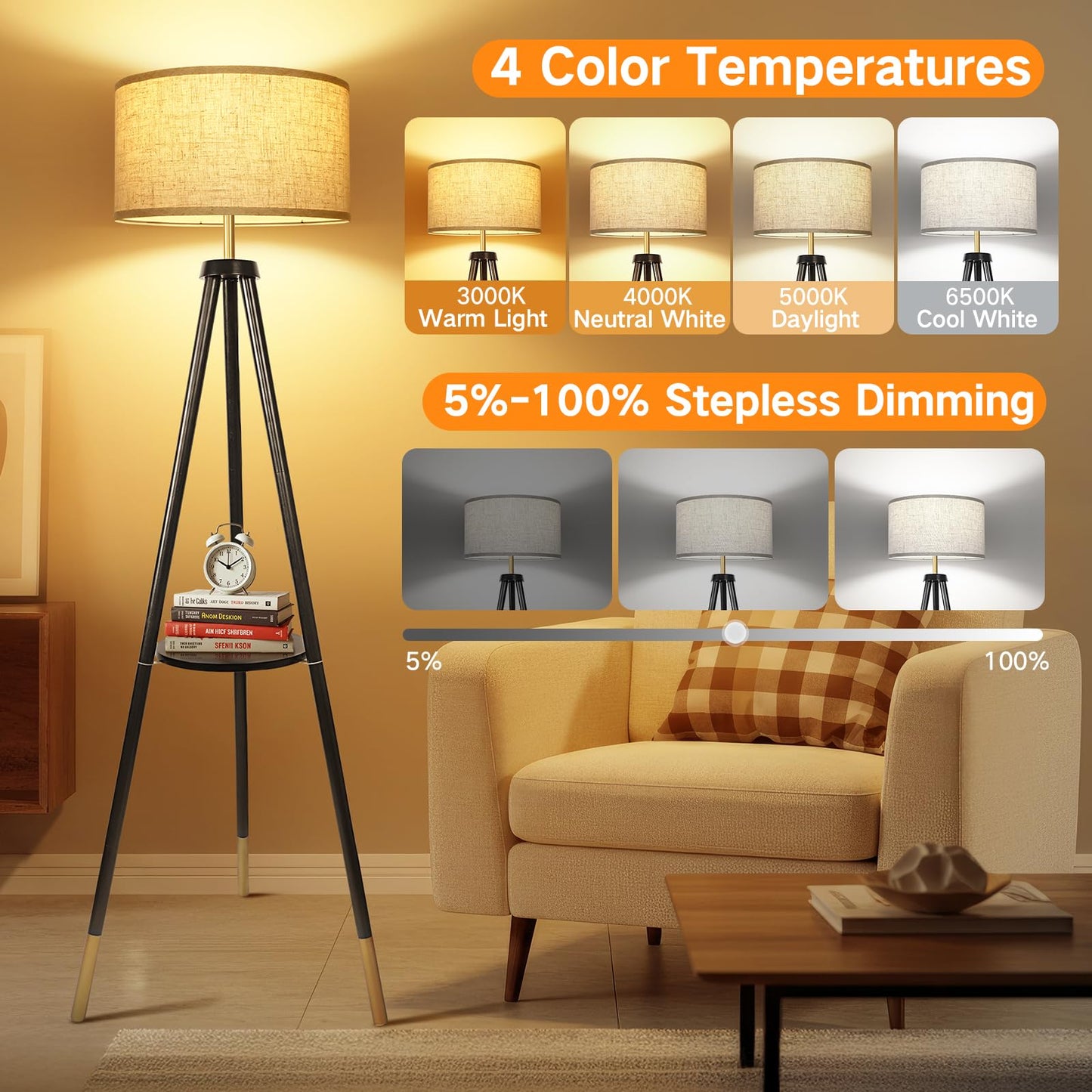 OUTON Wood Tripod Floor Lamp with Remote Control, Dimmable LED, 4 Color Temperatures, Black & Gold