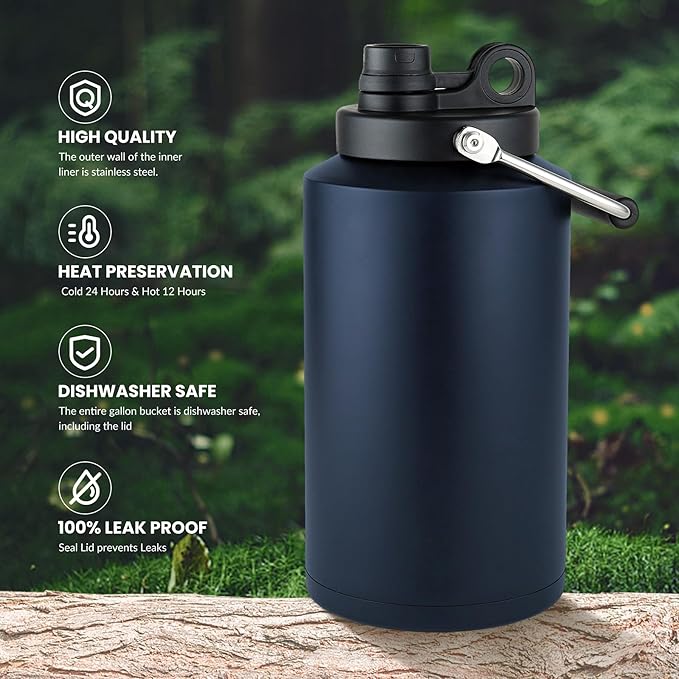 1 Gallon Water Jug Bottle Insulated, 128 oz Stainless Steel Water Bottle Wide Mouth Double Vacuum Dishwasher Safe BPA Free for Hot & Cold Drinks