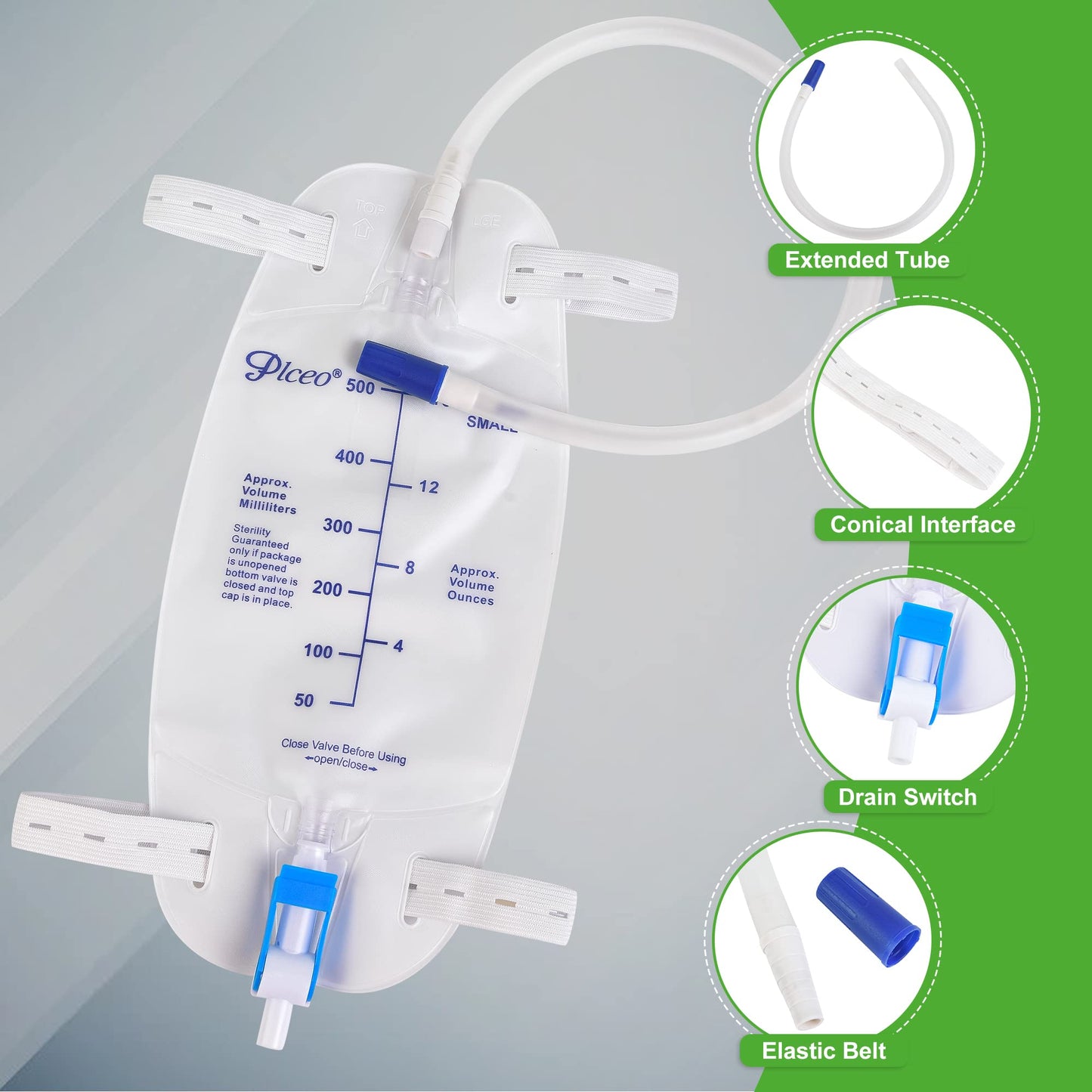 3 Pack Easy-Tap Catheter Leg Bag Urinary Drainage Bag, 500ml, Anti-Reflux Valve, Cloth Straps, Easy Flip Drain ，18” Tubing