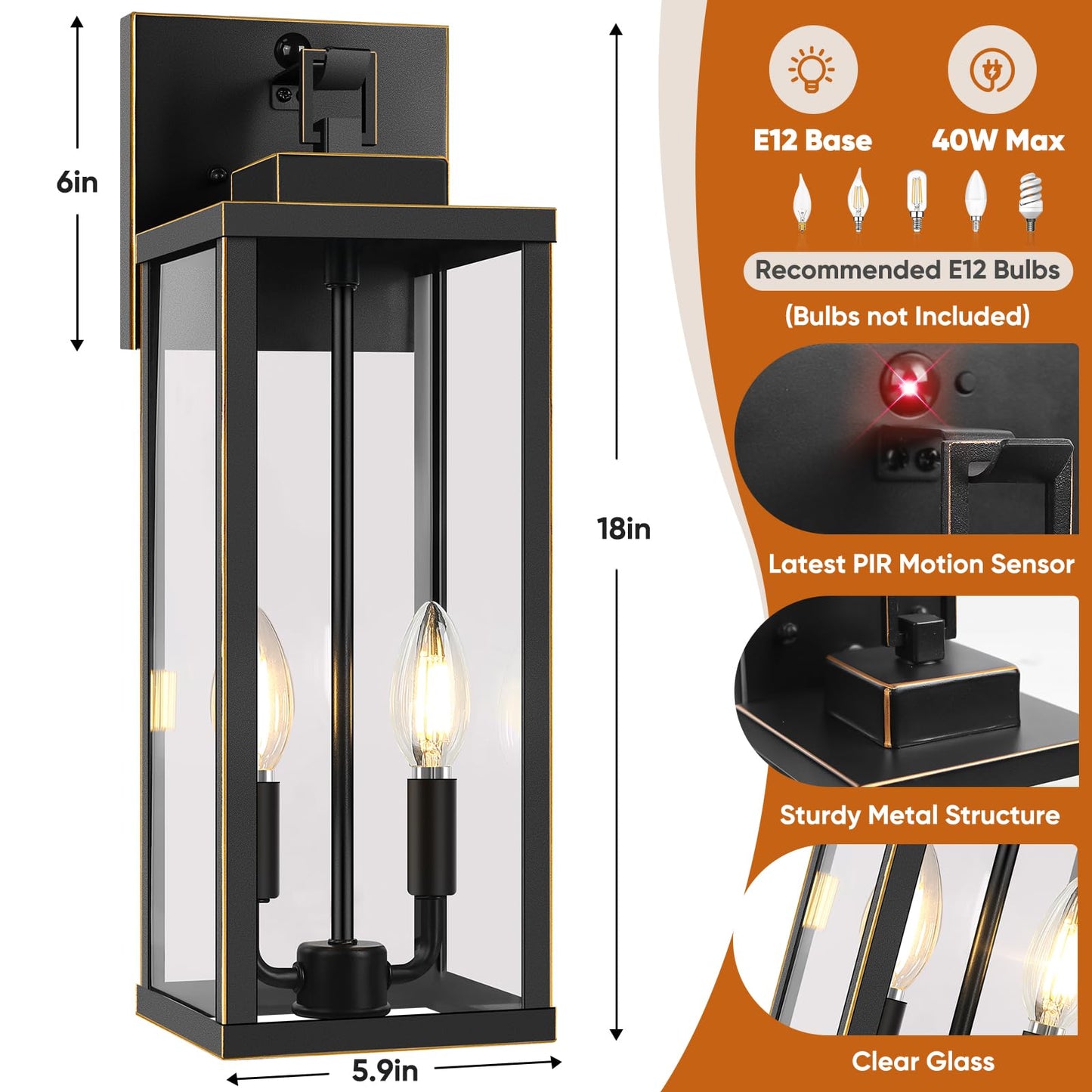 Beslowe 18  Upgraded Motion Sensor Outdoor Wall Lights  Dusk To Dawn Porch Lights Outdoor Wall Sconces  3 Lighting Modes Exterior Lighting Fixtures With Hooks  Bronze Outside Lights For House  2-Pack