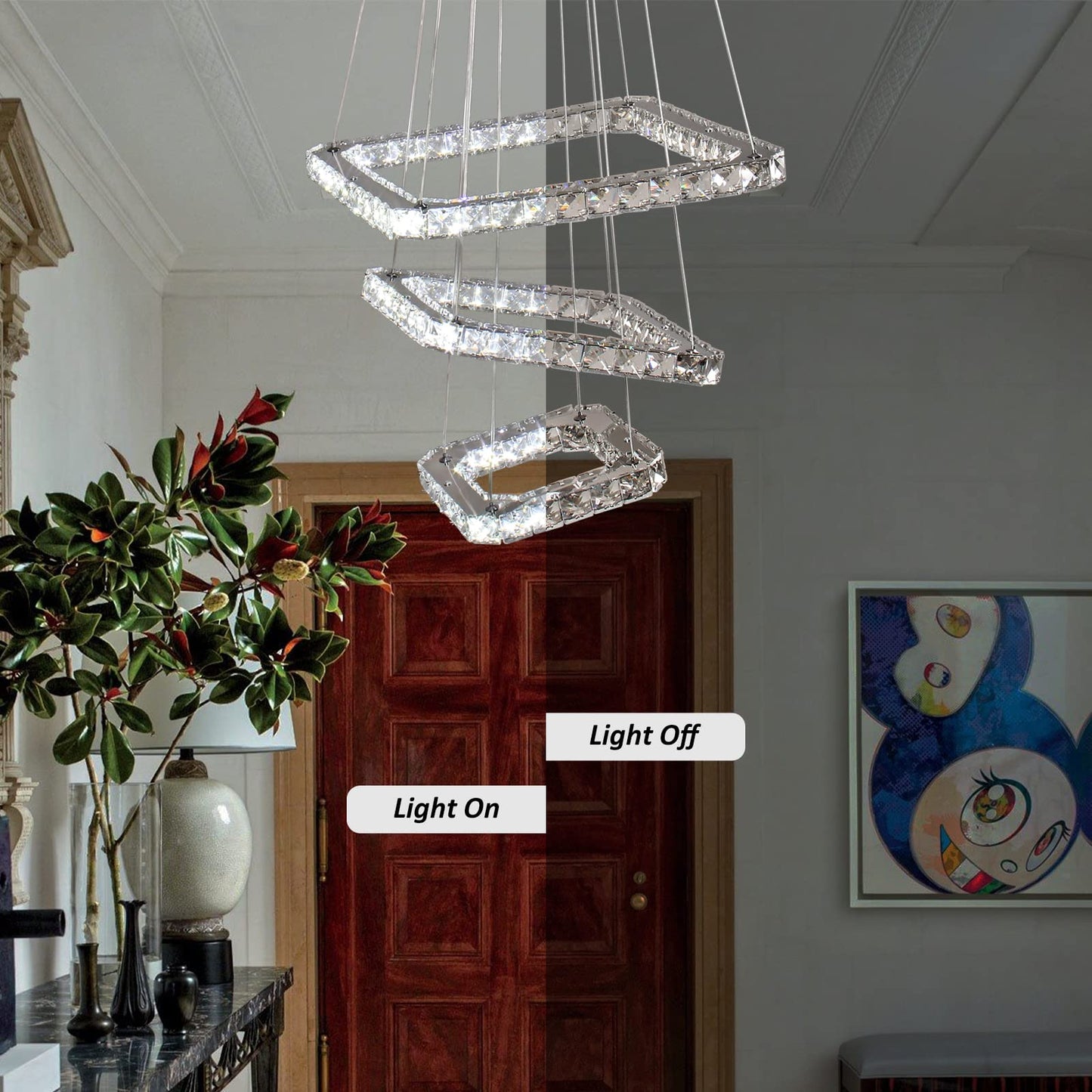 Diisunbihuo Modern Crystal Led Chandelier Pendant Light, Adjustable Height, Square Rings, Cool White, Model B078Dlym5X