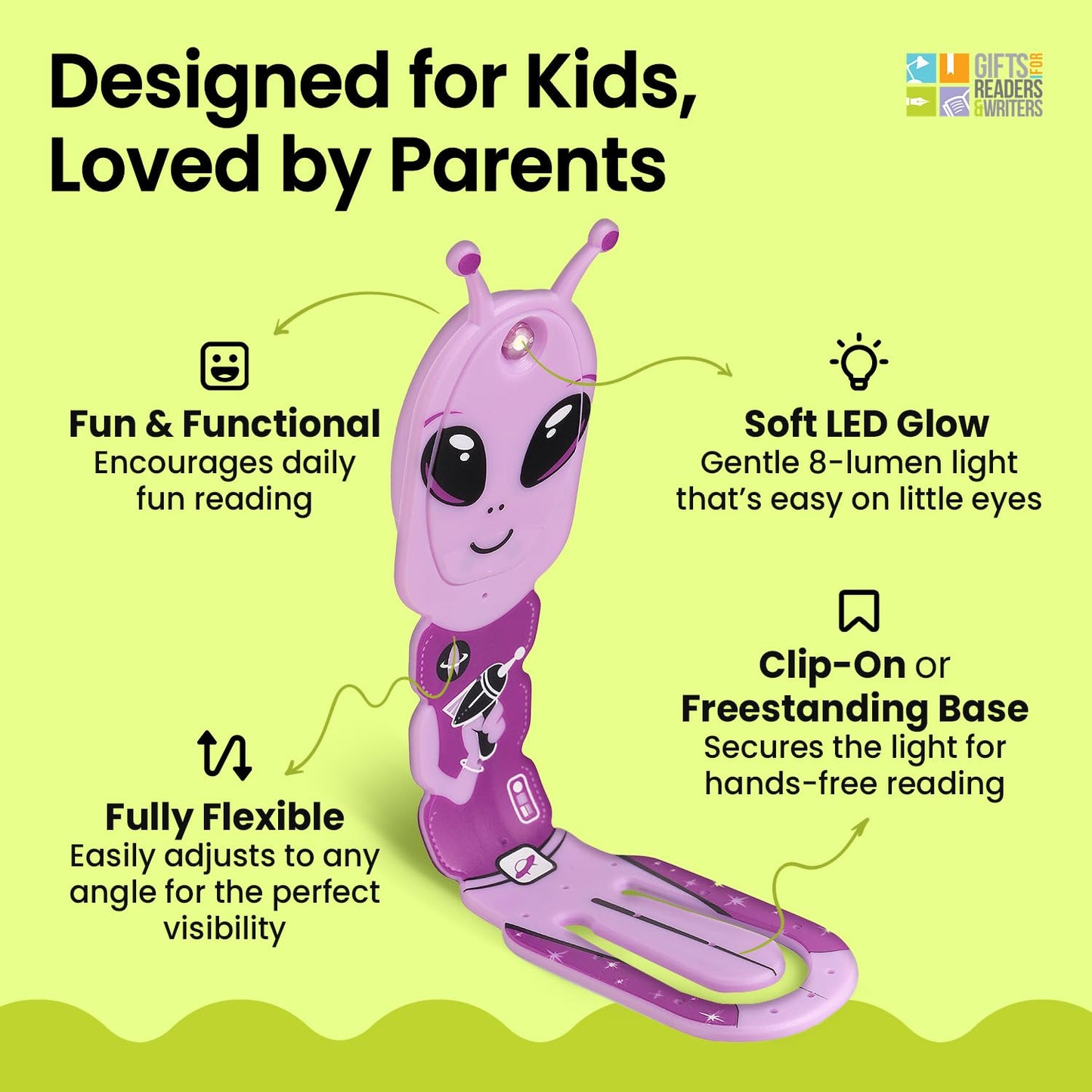 Gifts For Readers & Writers Led Reading Light - 2-In-1 Bookmark & Clip-On, Battery Operated, Alien Purple, Model 4947