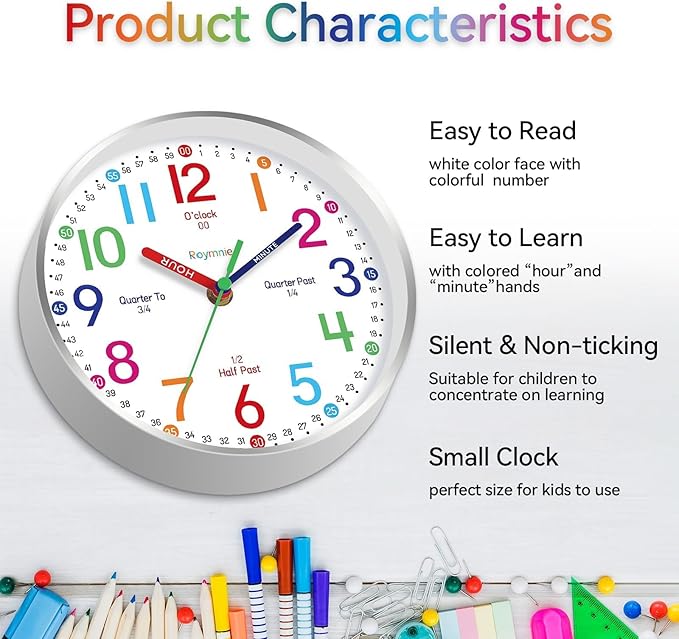 Wall Clock for Kids Learning to Tell Time Easily Non Ticking Battery Operated Kids Teaching Clock Silent Colorful Teaching Time Clock Decorative for Kids Room Classroom School (12 Inch)