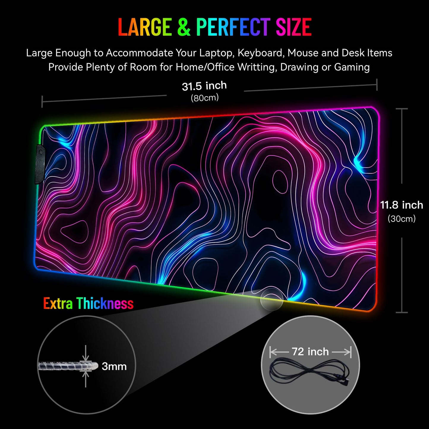 Stanoha RGB Mousepad LED Desk Mat Gaming Large Keyboard Cute Desktop Computer Laptop 14 Light XXL Long Giant Big Cool Modern Design Unique for Men Boys Gamer Oversized Wide 30x12'' Mousepad, Topo