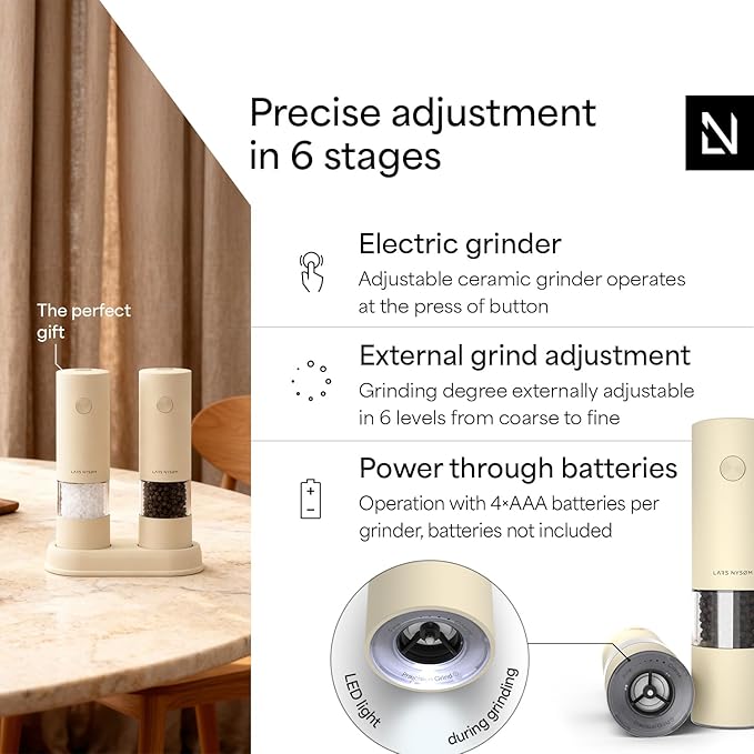 LARS NYSØM Electric Salt and Pepper Grinder Set I Automatic Salt and Pepper Mills with Adjustable Ceramic Grinder I AAA-Battery Operated Electric Spice Mill Set (Almond Beige)