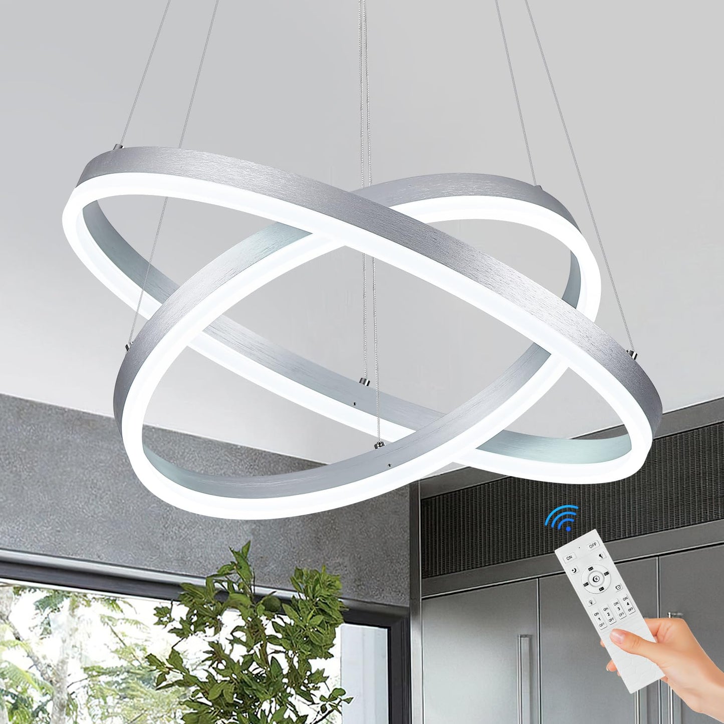 Sparklelf LED Chandelier Pendant Light, 2 Rings, Silver, Remote Control, Flush Mount, Model SL-BK-LED2R-SL197, 3000K-6500K