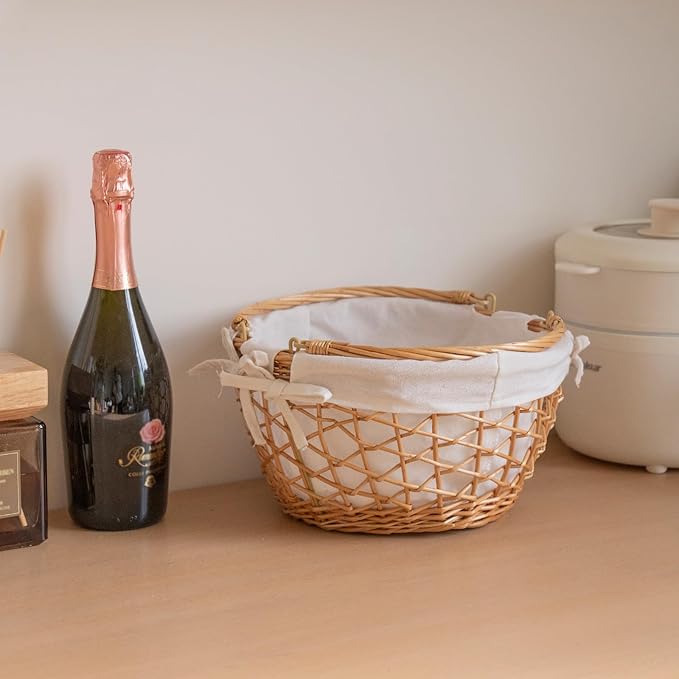 YRMT Wicker Egg Basket Handmade Egg Collecting Basket with Handles and lining Farmhouse Garden Harvest Basket Natural 11"x11"x5"