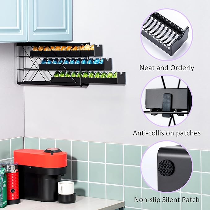 ZCDCP Black Metal 3 Tier Coffee Pod Holder, Coffee Pod Holder Vertuo Pod Wall Mountable Storage Drawer, for Vertuoline Capsule Coffee Machine (30 Pods Capacity)