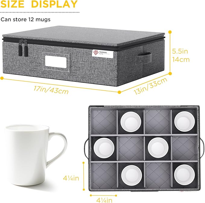 YearningHome Cup and Mug Storage Box with Hard Shell and Dividers for Coffee Mugs,Tea Cups and Glasses,Stackable Storage Organizers with Lid,Handles,Zips and Lable for Moving,Holds 12,2 Pack, Grey