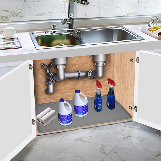Under Sink Mat for Kitchen Waterproof, 28" x 19" Silicone Under Sink Liner Kitchen & Bathroom Cabinet Protector Mats, Heavy Duty Flexible Under Sink Drip Tray with Lip, Cool Grey