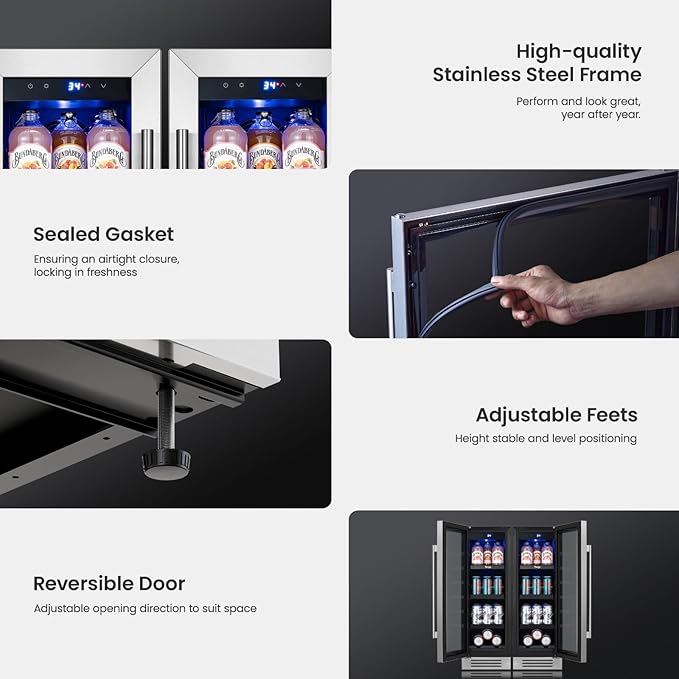 Yeego Beverage-Refrigerator,12 Inch Beverage Cooler 2PCS Small Wine Fridge Built-in or Freestanding with Auto Defrost, Mini Fridge with Glass Door for Bottles and Cans Beer/Soda/Water/Wine