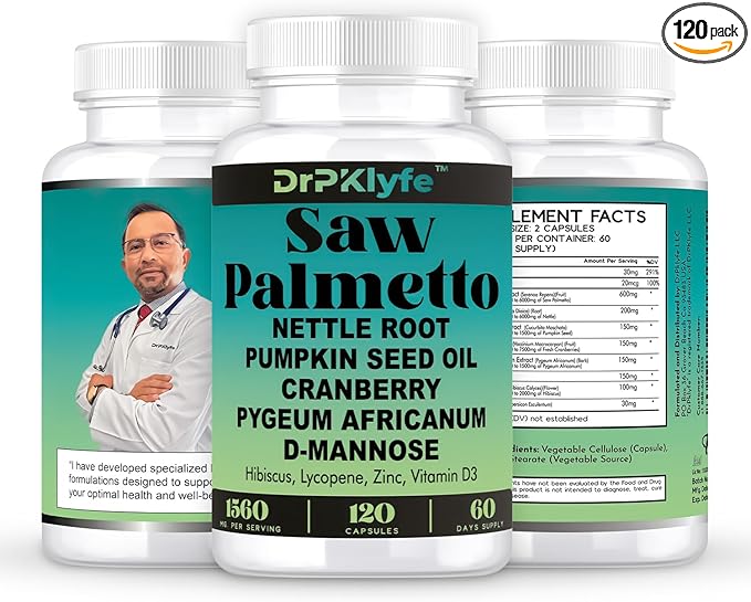 Saw Palmetto Capsules for Prostate, Bladder & Hair Health – Includes Nettle Root, Pumpkin Seed, Cranberry, D-Mannose, Pygeum, Hibiscus – 120 Capsules (60-Day Supply)