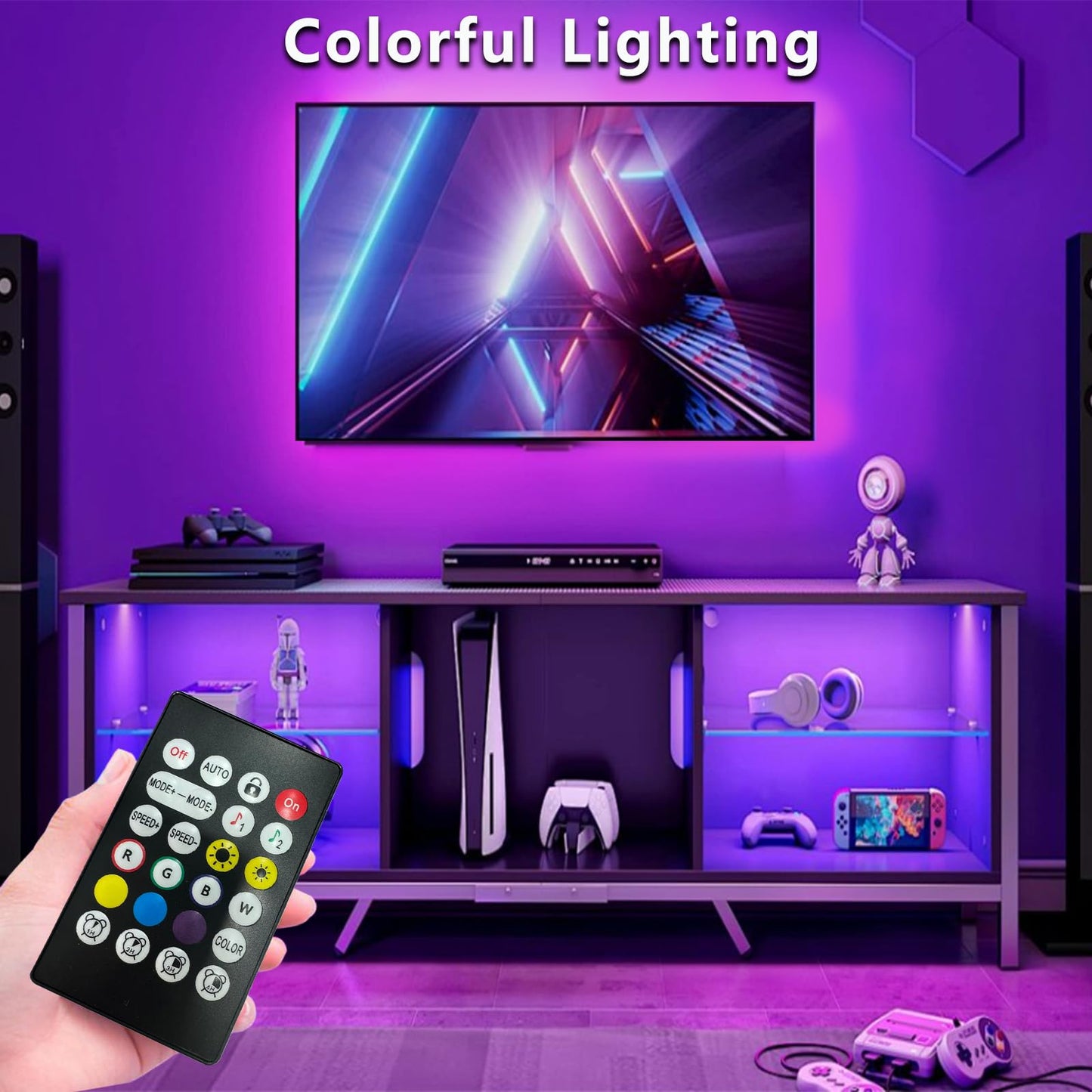 httpsmp LED TV Lights, 16.4ft RGB Backlight, Music Sync, Bluetooth/RF Remote, for 45in-75in TVs, Multicolor