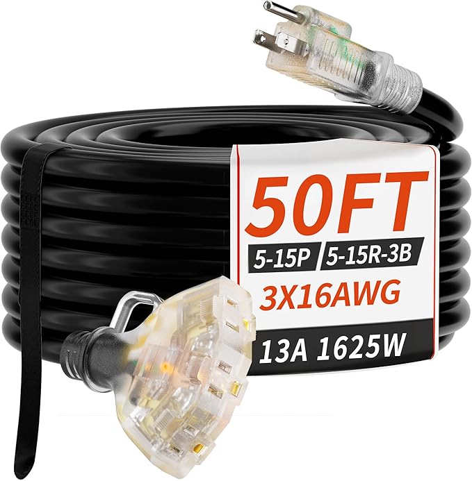 PlugSaf 50 FT 16/3 Gauge Outdoor Extension Cord with Multiple Outlets Light Indicator, Flexible 3 Outlet Weatherproof Exte...