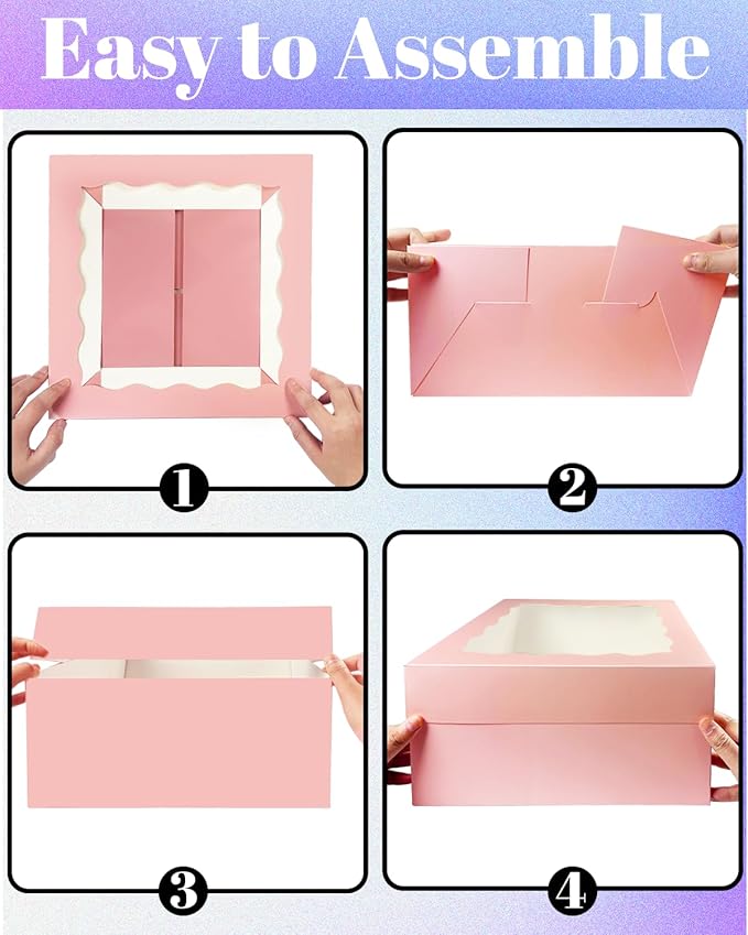 qiqee Pink 10x10x8 Cake Box, 18 Sets Cake Box with Window ＆ 18 Sets 10" Cake Round Boards, 10inch Cake Containers, 10 Meters Pink Silk Ribbon Includes