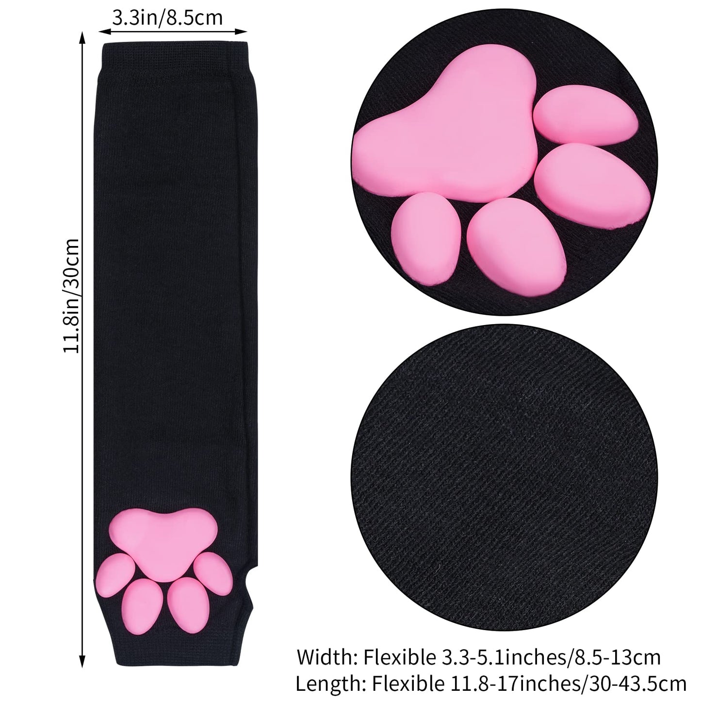 Nydotd Cat Paw Pad Mittens Gloves Kawaii Pink 3D Claw Fingerless Cute Cat Cosplay Gloves Sleeve for Girls Halloween Party (Black, Long)