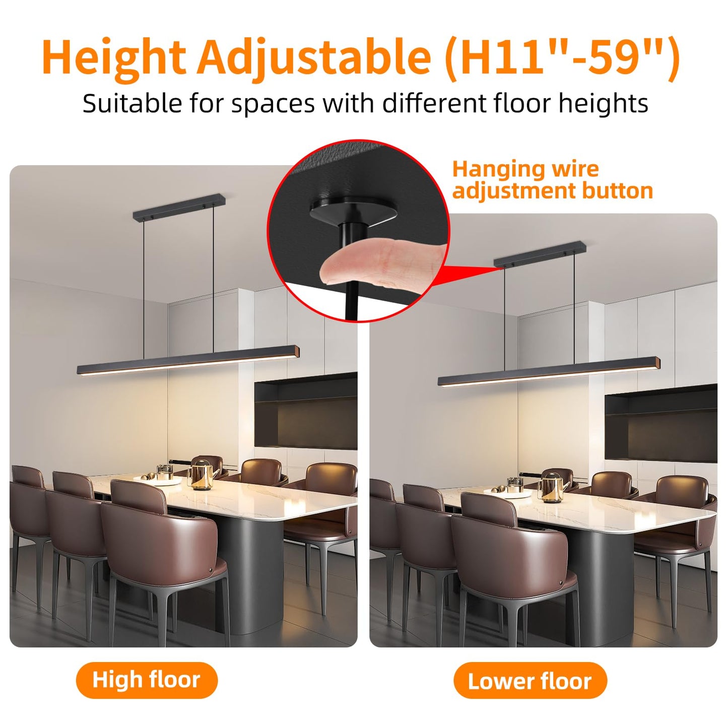 Mikeru Modern LED Linear Pendant Light, 39IN, Aluminum, Adjustable Color Temp 3000K-6500K, A-Black, Model 1