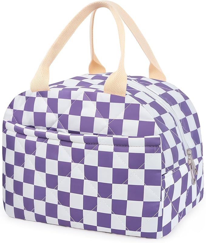 Cotton Quilted Insulated Lunch Bag, Cute Quilted Floral Lunch Tote Bags Reusable Insulated Lunch Box Coquette Aesthetic Large Capacity Insulated Cooler for Women Work Travel Picnic (Checkered Purple)