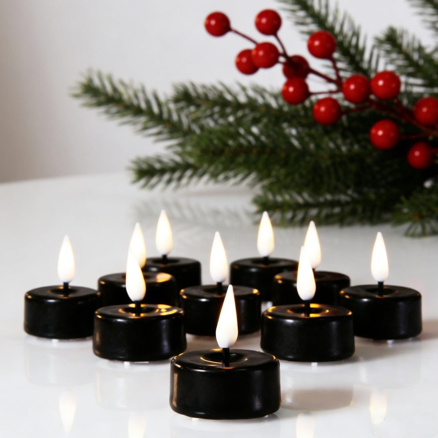 Eywamage Black Flameless Tealights with Remote Batteries, Real Wax Flickering LED Tea Votive Candles Set of 10