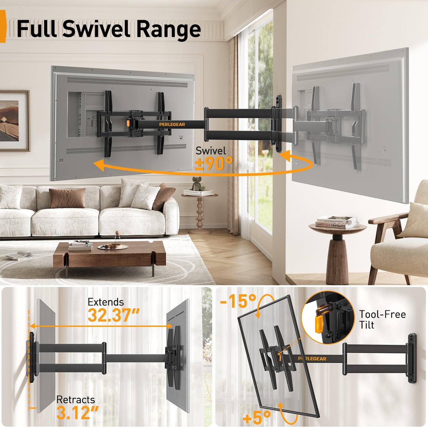 Perlegear Corner TV Wall Mount Long Arm TV Mount Bracket for 32-75 Inch TVs-Full Motion TV Wall Mount with 32.37” Extension & Swivel Articulating Arm & Tilt, MAX VESA 600x400mm, Holds up to 100 lbs