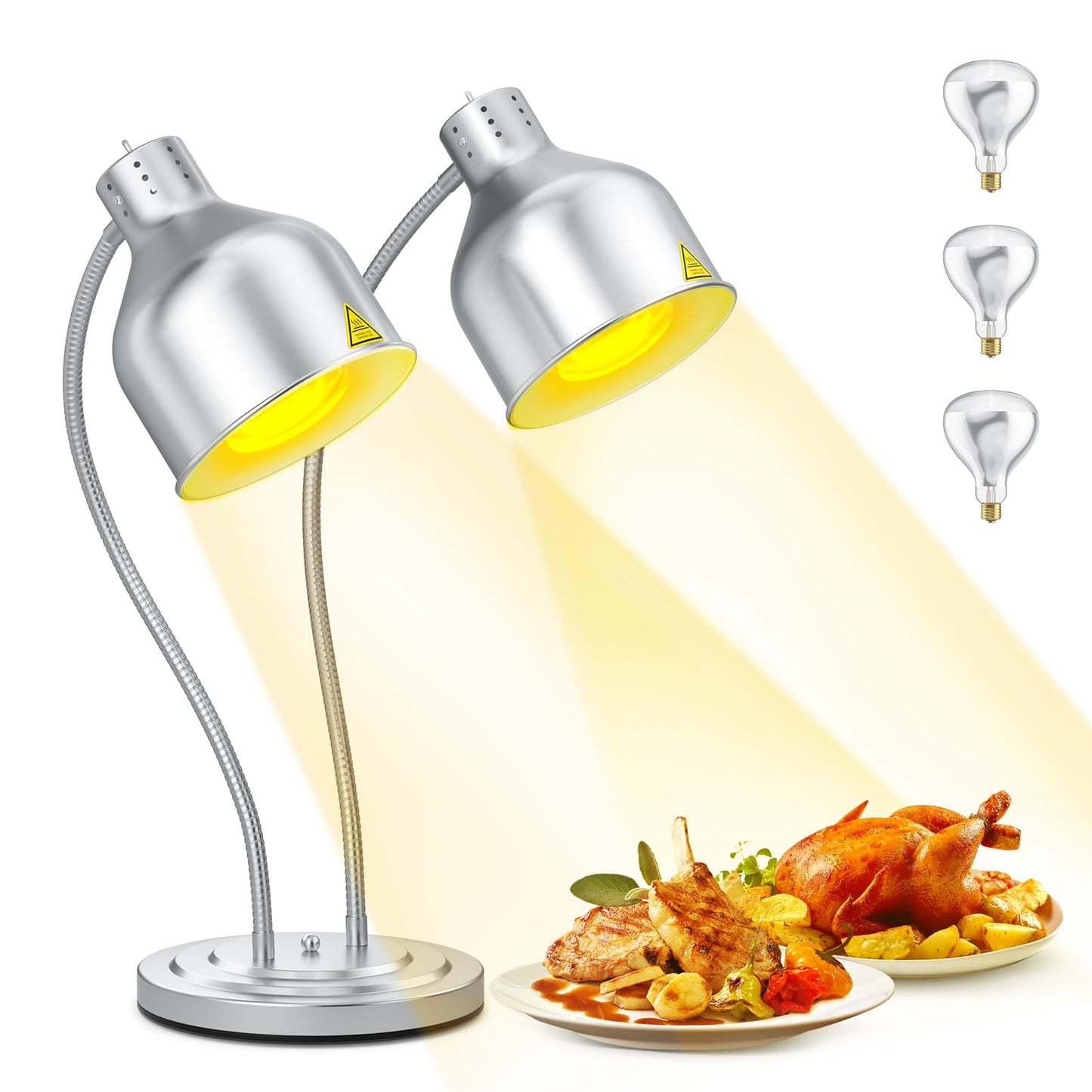 BOEASTER Food Heat Lamp, 500W Dual-Head Stainless Steel Commercial Food Warmer Lamp with 540° Rotation & 3Pcs Bulbs, Portable Warming Light for Restaurant Kitchen Buffet Counter Party Catering