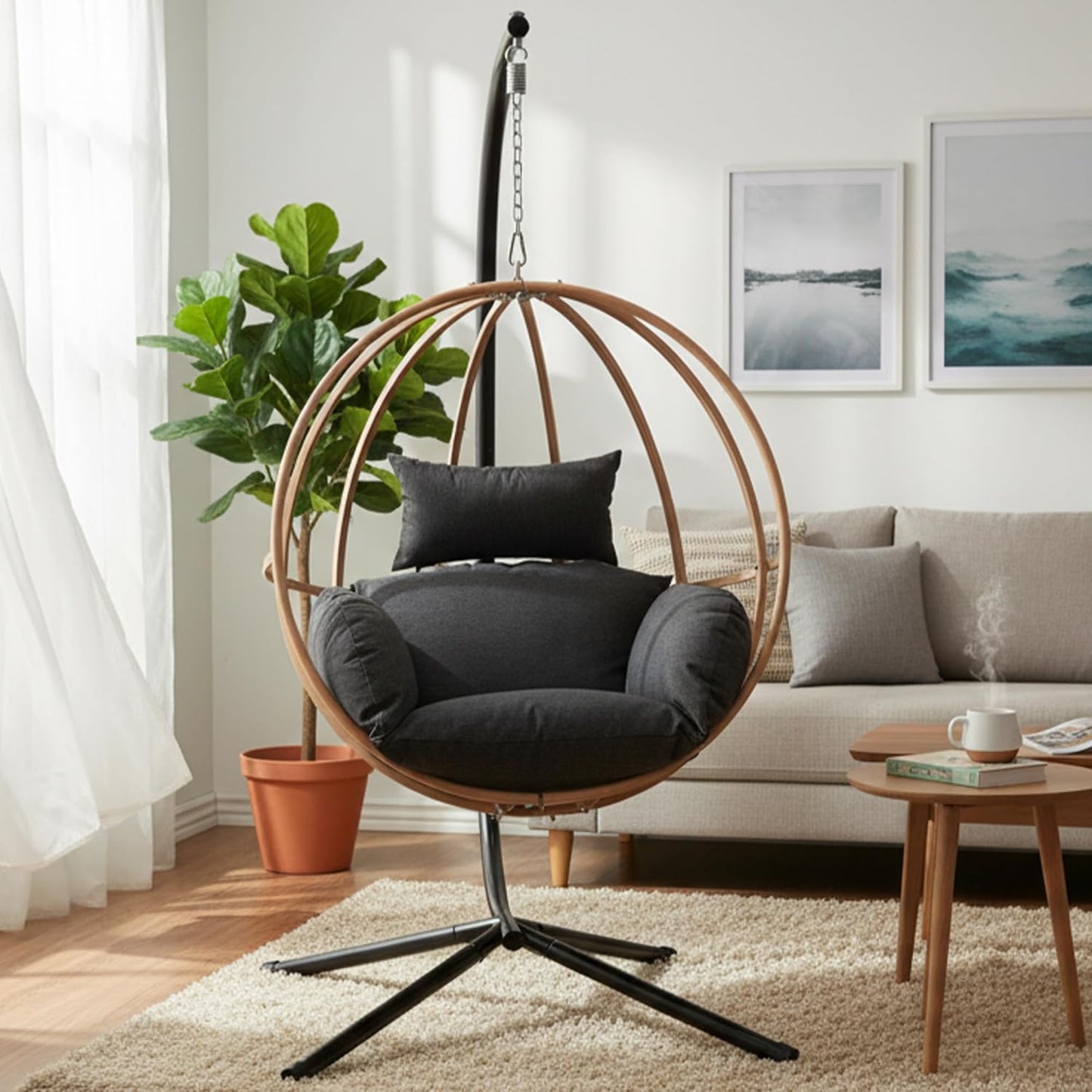 Egg Chairs Outdoor, Metal Hanging Egg Chair with Cushions, Heavy Duty 400LBS Imitation Wicker Egg Swing Chair with Stand, 80" H Hanging Chairs Cozy Basket Seat for Bedroom/Balcony, Charcoal