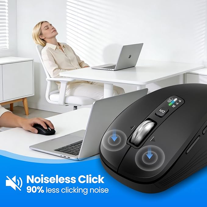 Full-Size Silent Wireless Mouse, 2 Bluetooth + 1 USB Multi-Mode, 4-Way Scrolling, Adjustable DPI, Side Buttons, Long Battery Life, Compatible with Laptop/Tablet/MacBook/iPad