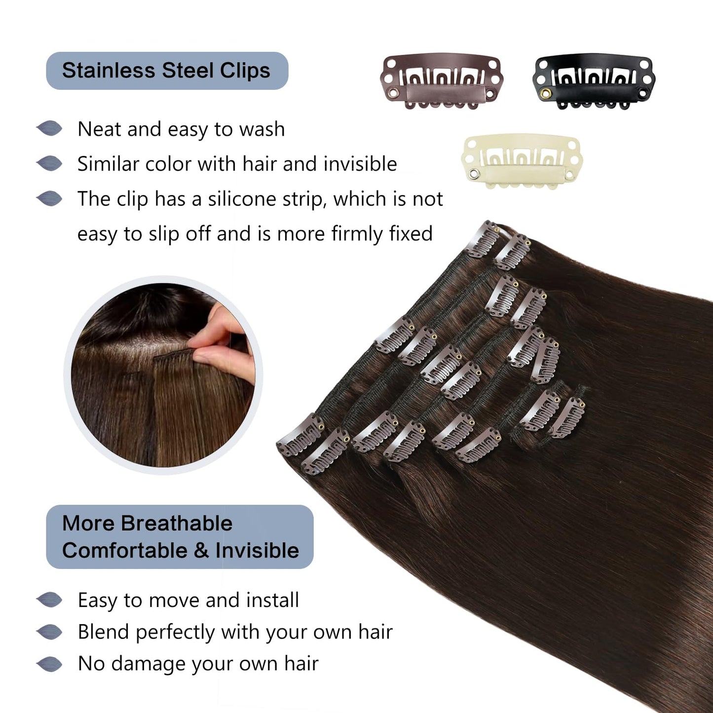Sunya Clip in Hair Extensions Real Human Hair Dark Brown Human Hair Clip in Extensions Double Weft Brown Human Hair Clip ins Str