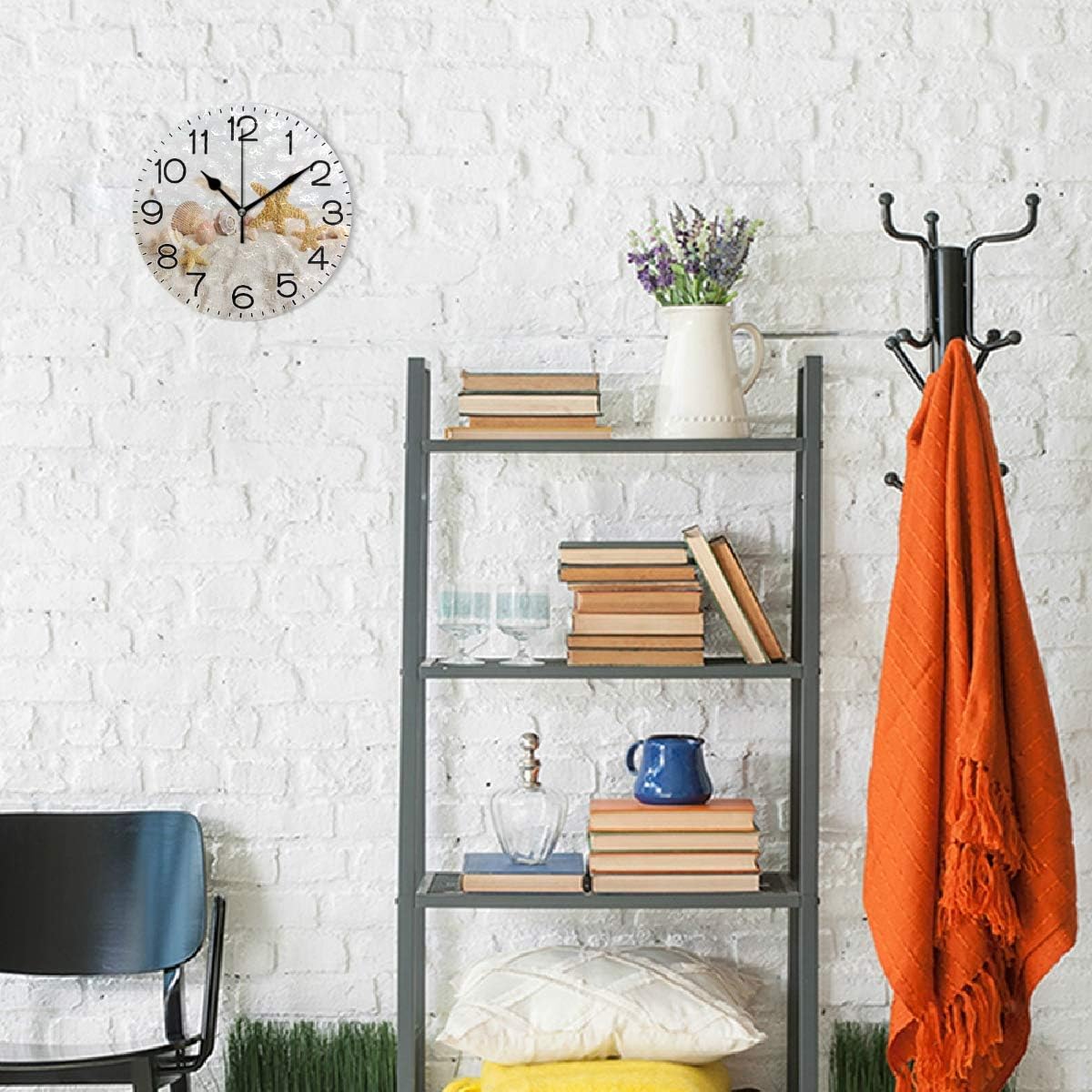 Starfish and Seashells in The Sand at Beach Wall Clock Battery Operated Non Ticking Silent Quartz Analog Rustic Farmhouse Round Clock Retro Decor for Home Kitchen Livin
