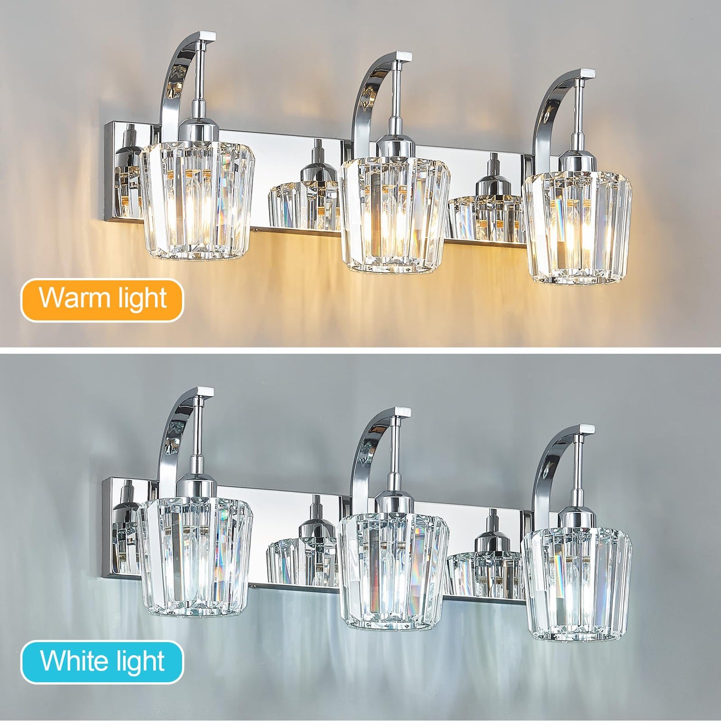 Fdpby Modern Bathroom Vanity Light  3-Light Chrome Wall Sconce With Crystal Accents  Over Mirror Bathroom Lighting Fixture  23.62 Long Dimmable Vanity Lamp For Makeup  Easy Installation