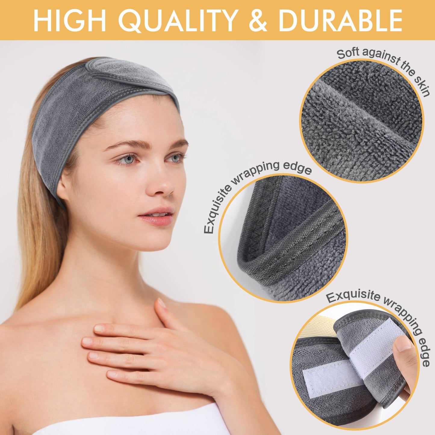 SINLAND Headband for Women Ultra Soft Adjustable Makeup Hair Band with Magic Tape, Stretch Head Wrap for Bath, Shower, Facial Ma