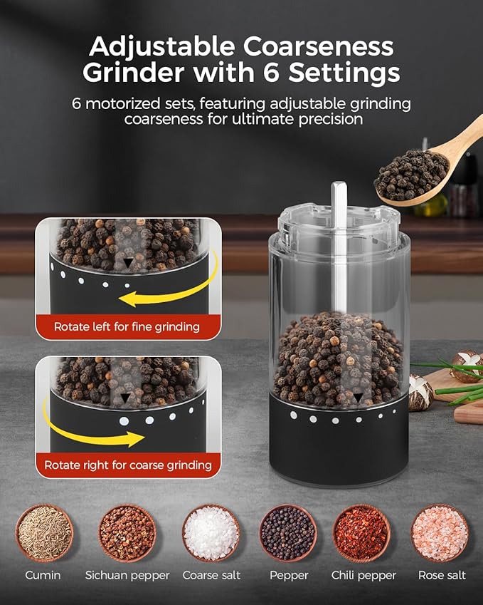 Electric Salt and Pepper Grinder Rechargeable with Light, Electric Salt and Pepper Shakers, Automatic & Adjustable Coarseness, Kitchen Gadgets, Black