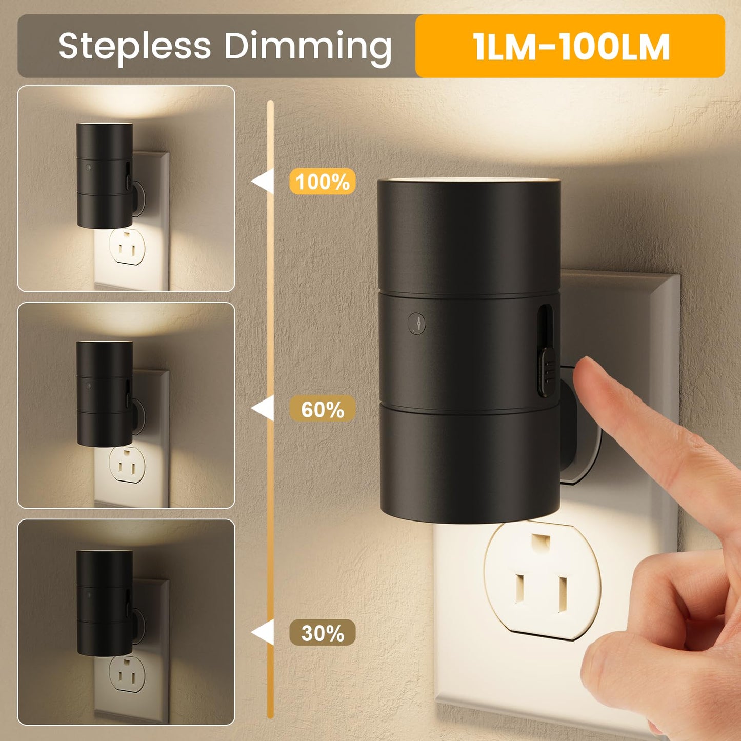 VOLISUN Night Light, Dimmable LED Plug-in, 0-100LM Brightness, Amber/3000K/4500K, 4 Pack, Black, Model XYD001