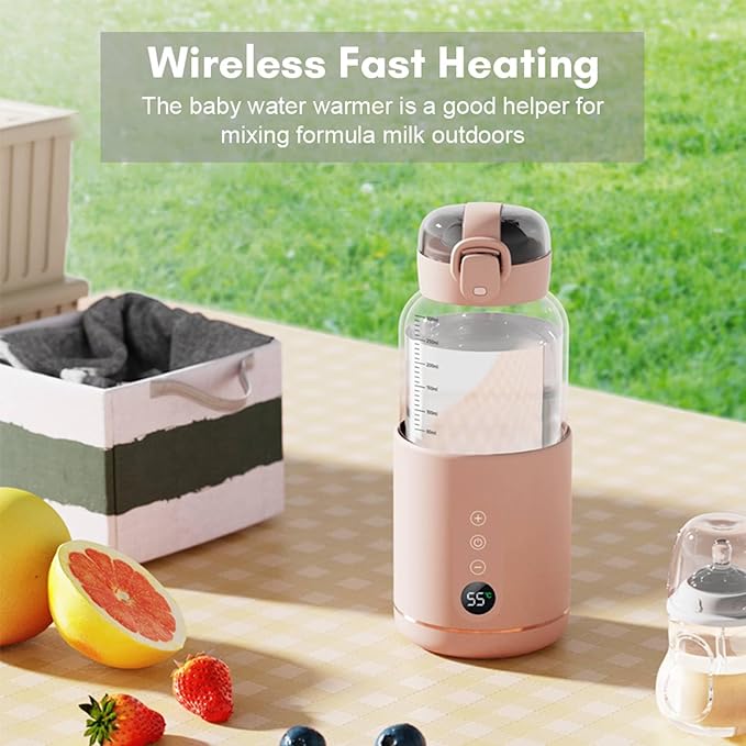 Portable Bottle Warmer, 300 ml Rechargeable Bottle Warmer,Travel Bottle Warmer,LED Display Baby Flask for Vehicle car Airplane (Pink)